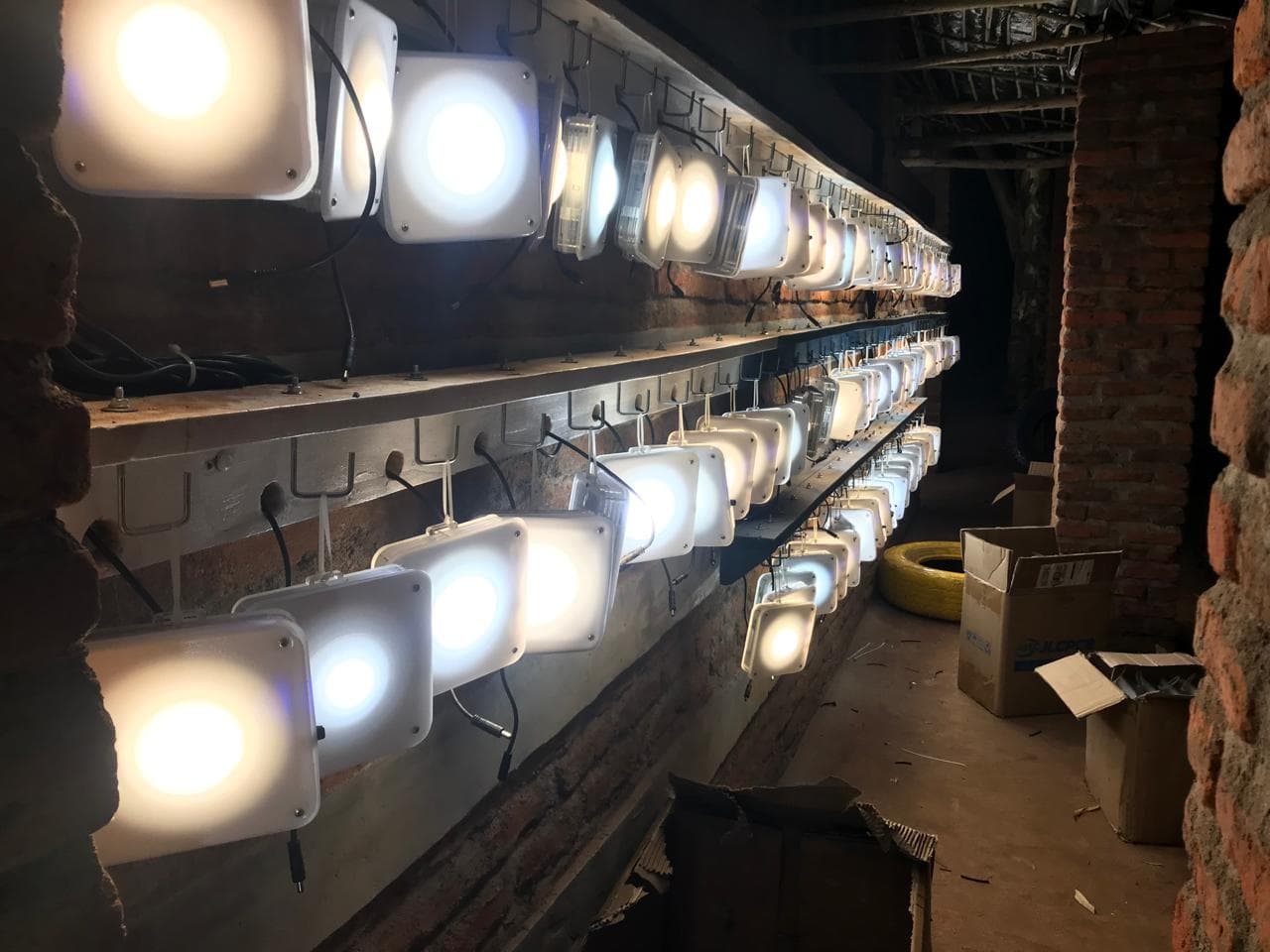 Rows of solar lanterns being prepared in a Quadloop workshop.